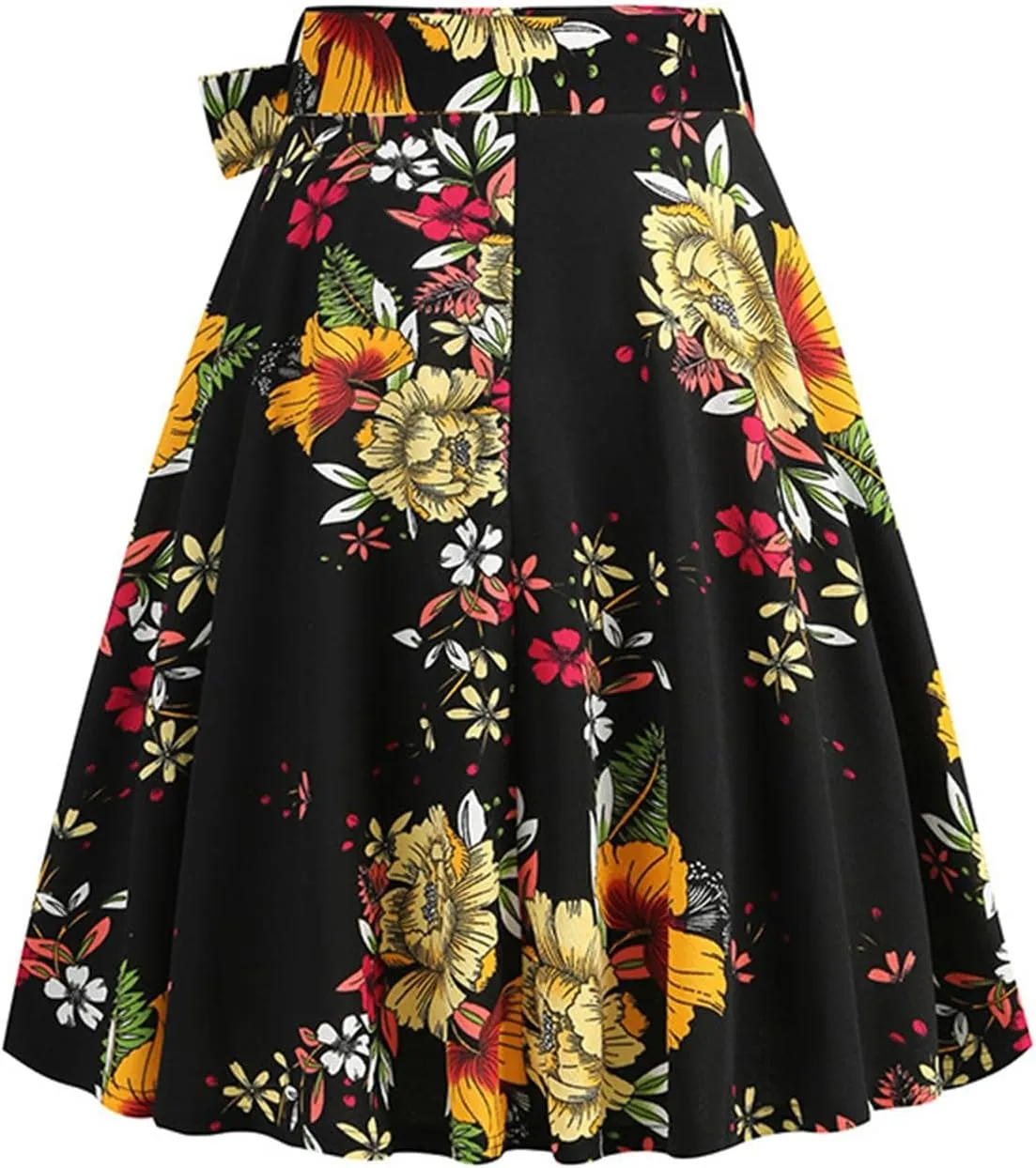 Women's High Waist A-Line Skirts Vintage Floral Print Flared Skirt 1950s Belted Midi Skirt Knee Length Skirts