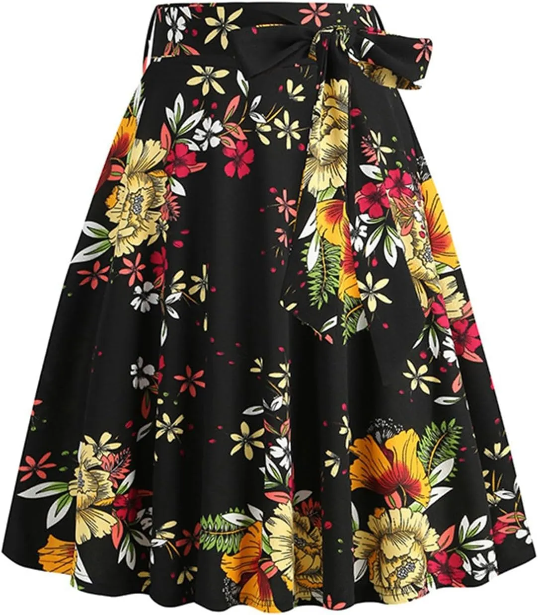 Women's High Waist A-Line Skirts Vintage Floral Print Flared Skirt 1950s Belted Midi Skirt Knee Length Skirts