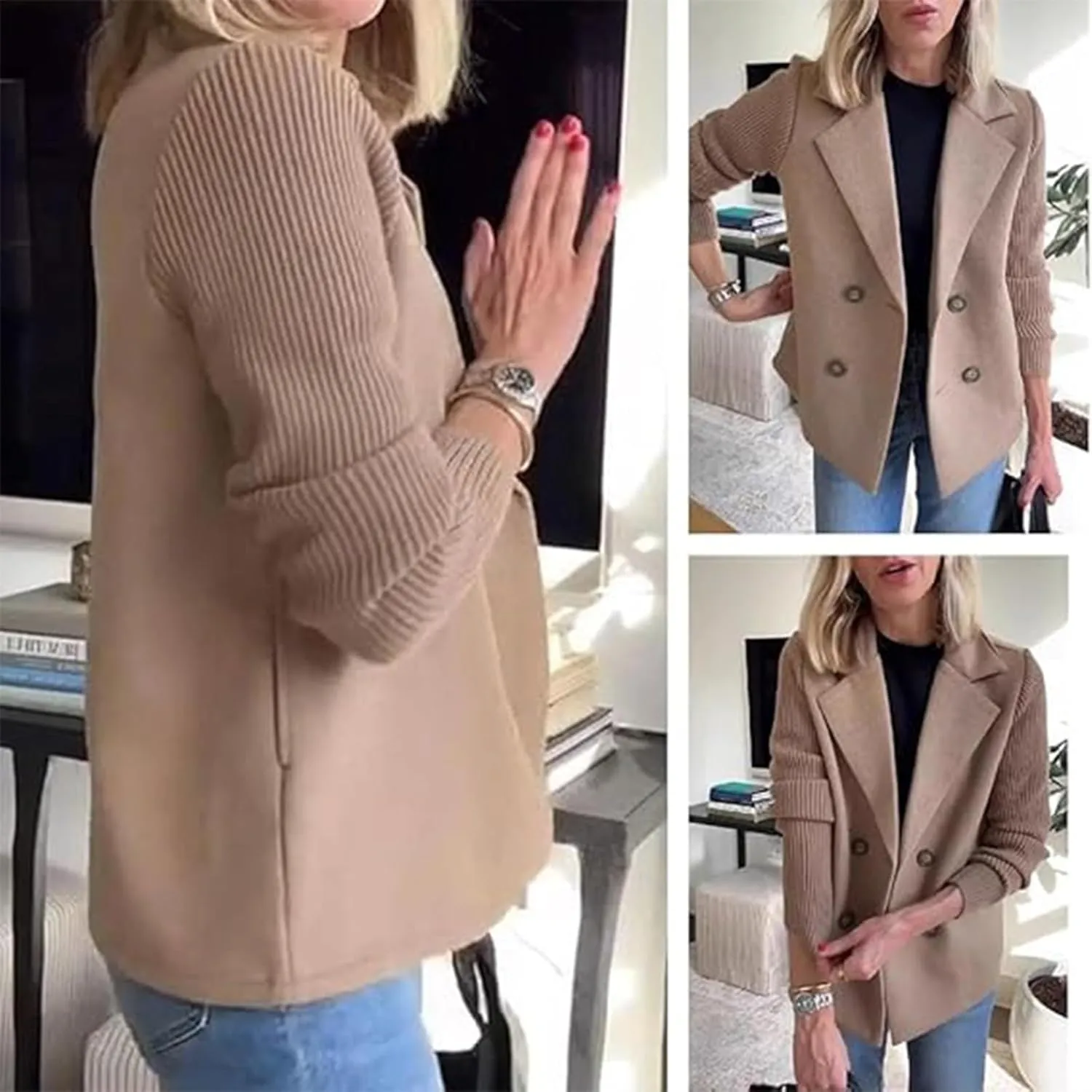 Women's Lapel Button Knitted Patchwork Sleeve Casual Coat Cropped, Pea Coat Double Breasted Blazer Sweater for Women(Khaki,XL)