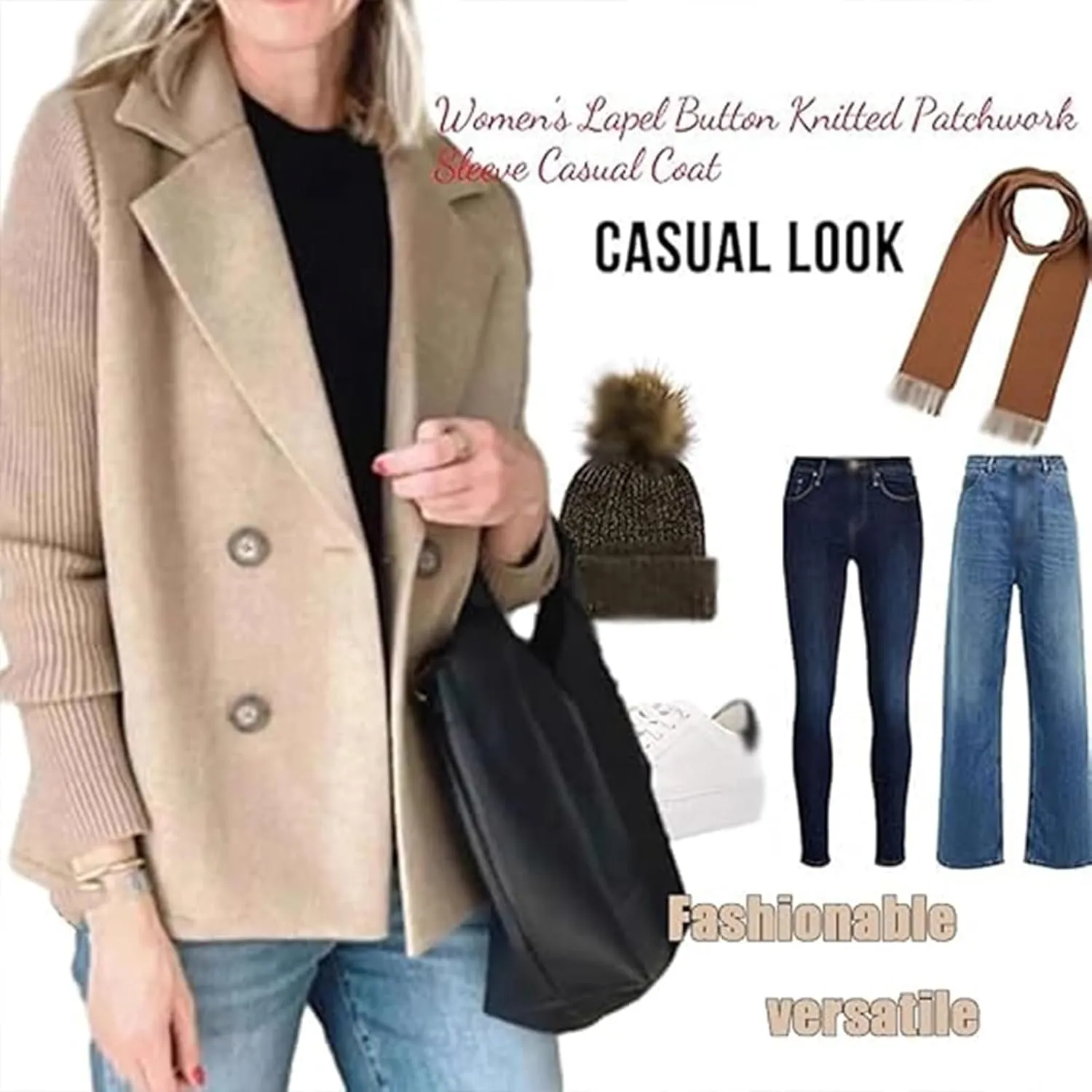 Women's Lapel Button Knitted Patchwork Sleeve Casual Coat Cropped, Pea Coat Double Breasted Blazer Sweater for Women(Khaki,XL)