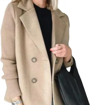 Women's Lapel Button Knitted Patchwork Sleeve Casual Coat Cropped, Pea Coat Double Breasted Blazer Sweater for Women(Khaki,XL)