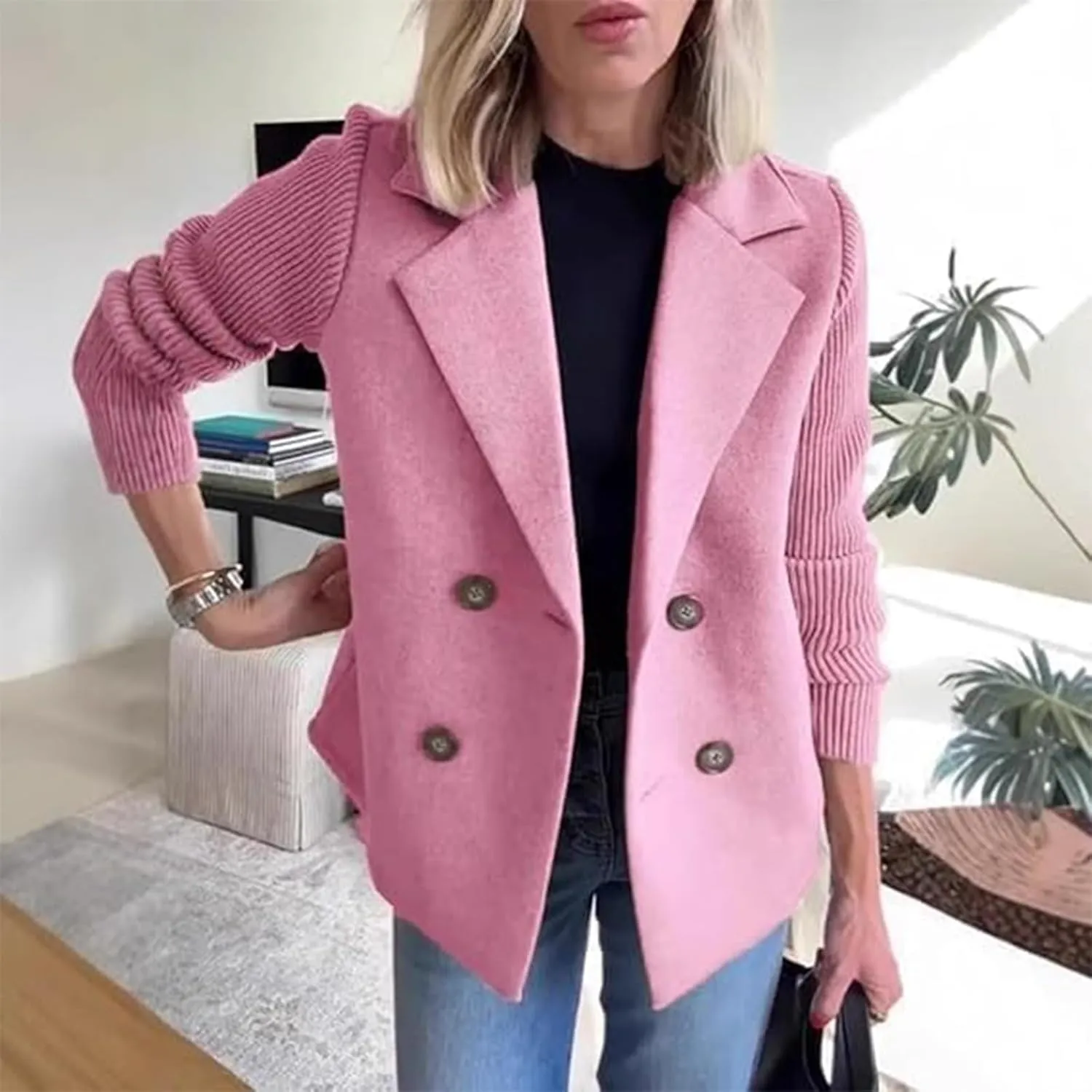 Women's Lapel Button Knitted Patchwork Sleeve Casual Coat Cropped, Pea Coat Double Breasted Blazer Sweater for Women(Khaki,XL)