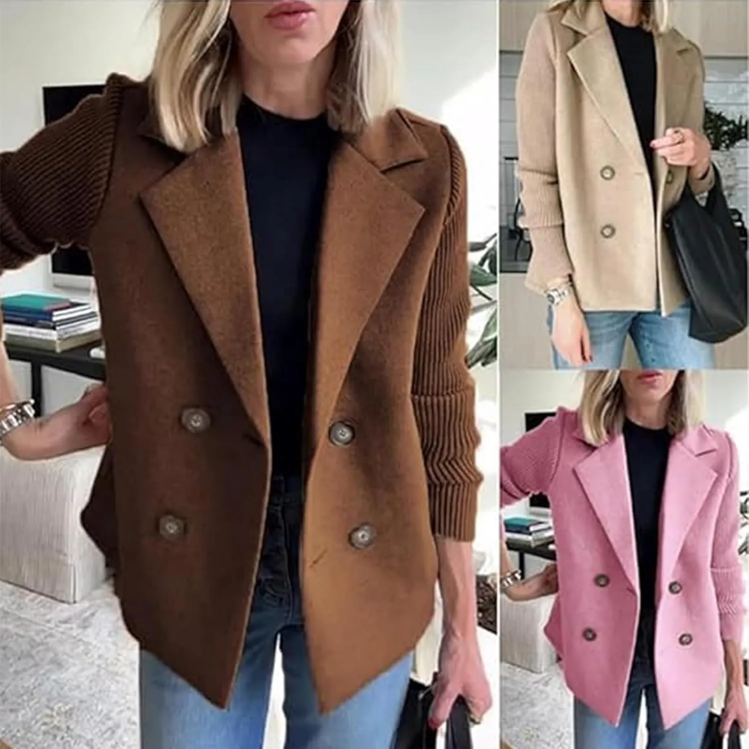 Women's Lapel Button Knitted Patchwork Sleeve Casual Coat Cropped, Pea Coat Double Breasted Blazer Sweater for Women(Khaki,XL)