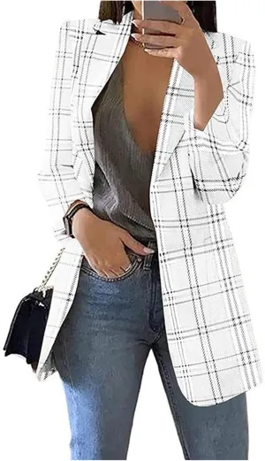 Women's Lightweight Plaid Blazers Casual Long Sleeve Notch Lapel Button Slim Work Office Blazer Jacket Fall Coat