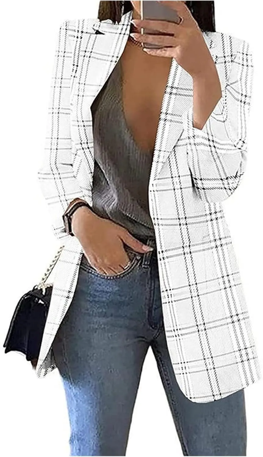 Women's Lightweight Plaid Blazers Casual Long Sleeve Notch Lapel Button Slim Work Office Blazer Jacket Fall Coat