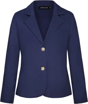 Womens Linen Blazers Lapel Button Casual Long Sleeve Lightweight Work Office Suit Jackets Blazer(Navy Blue L)