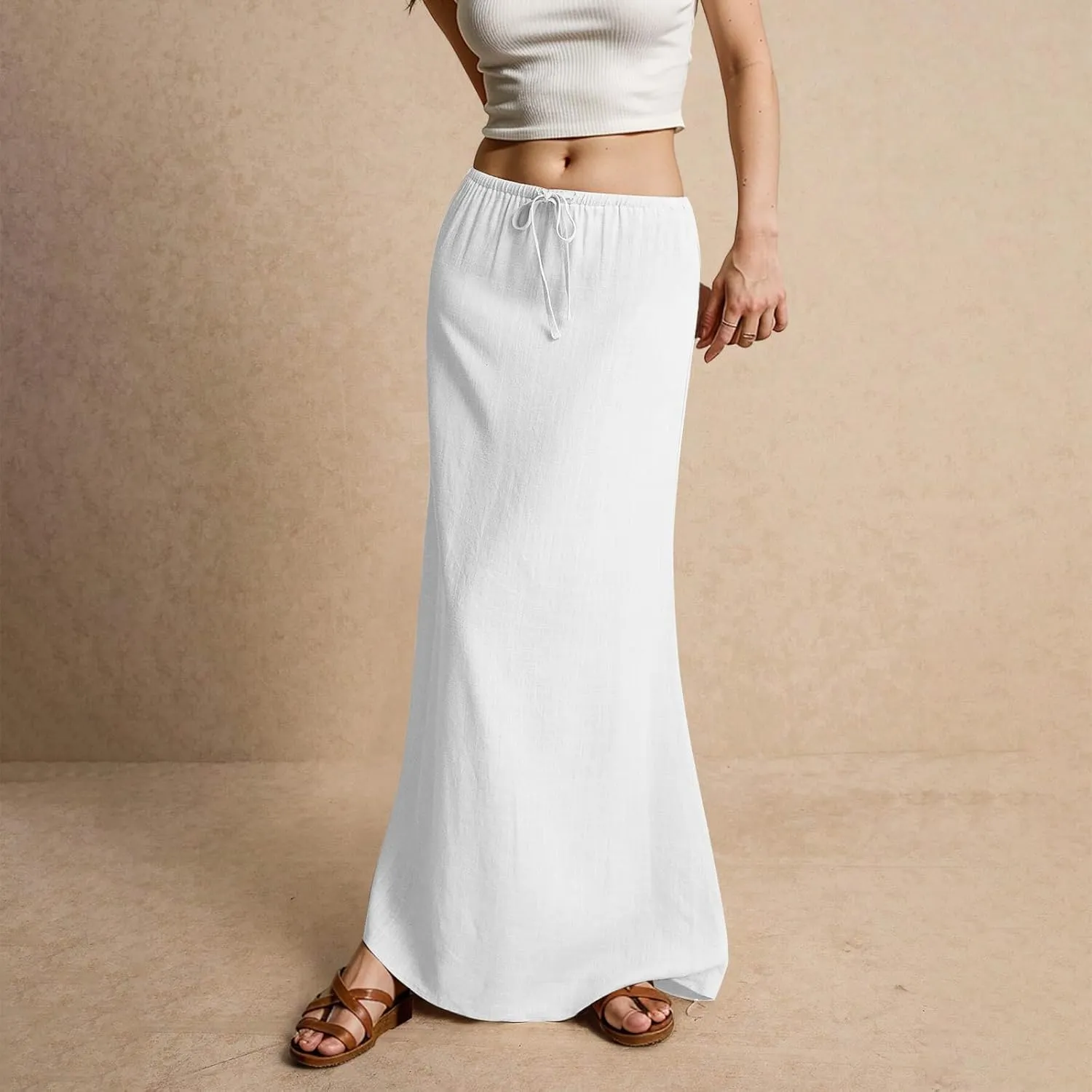 Womens Linen Maxi Skirts Summer Elastic Waist Drawstring A Line Long Flared Skirts Vacation Boho Flowy Skirt