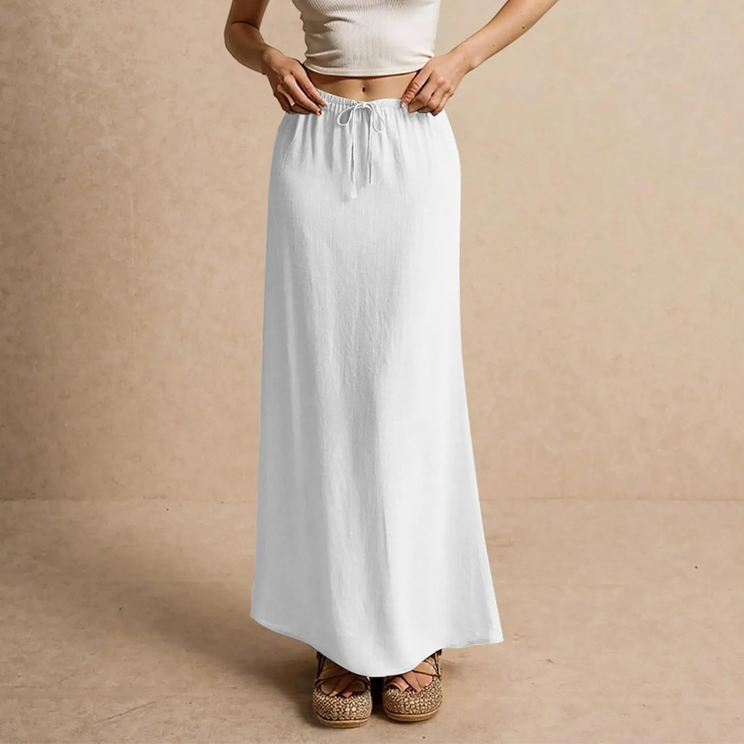 Womens Linen Maxi Skirts Summer Elastic Waist Drawstring A Line Long Flared Skirts Vacation Boho Flowy Skirt
