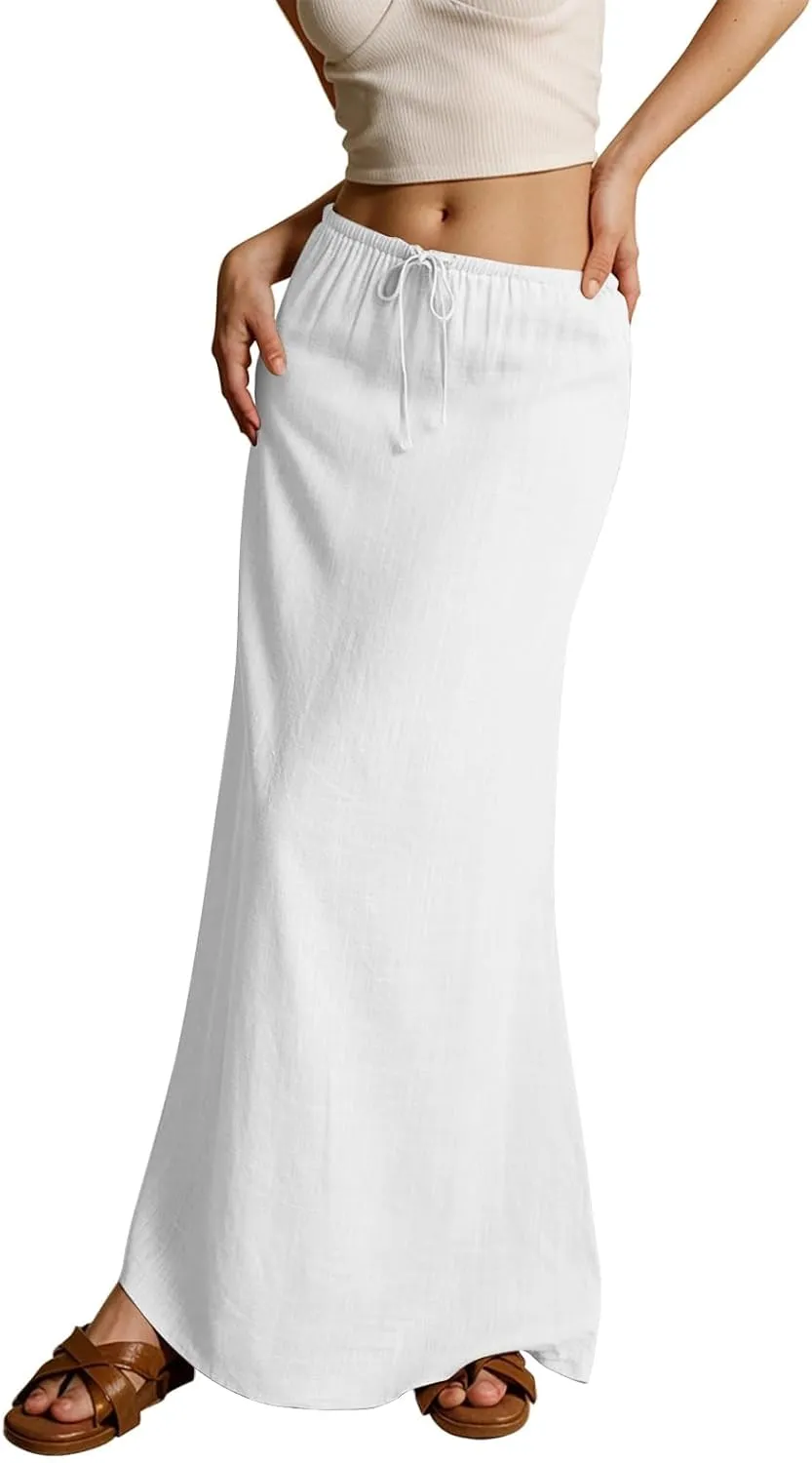 Womens Linen Maxi Skirts Summer Elastic Waist Drawstring A Line Long Flared Skirts Vacation Boho Flowy Skirt
