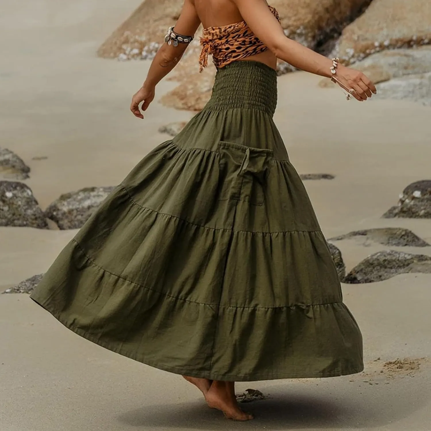 Womens Long Maxi Skirt Smocked Elastic Waist Pleated Tiered A Line Skirt Solid Beach Vacation Skirts with Pockets
