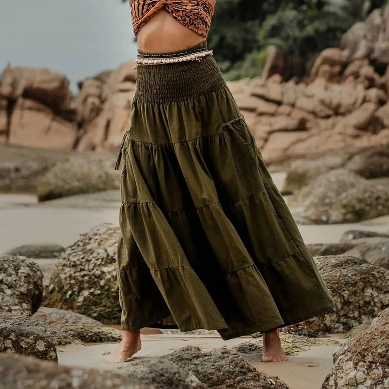 Womens Long Maxi Skirt Smocked Elastic Waist Pleated Tiered A Line Skirt Solid Beach Vacation Skirts with Pockets