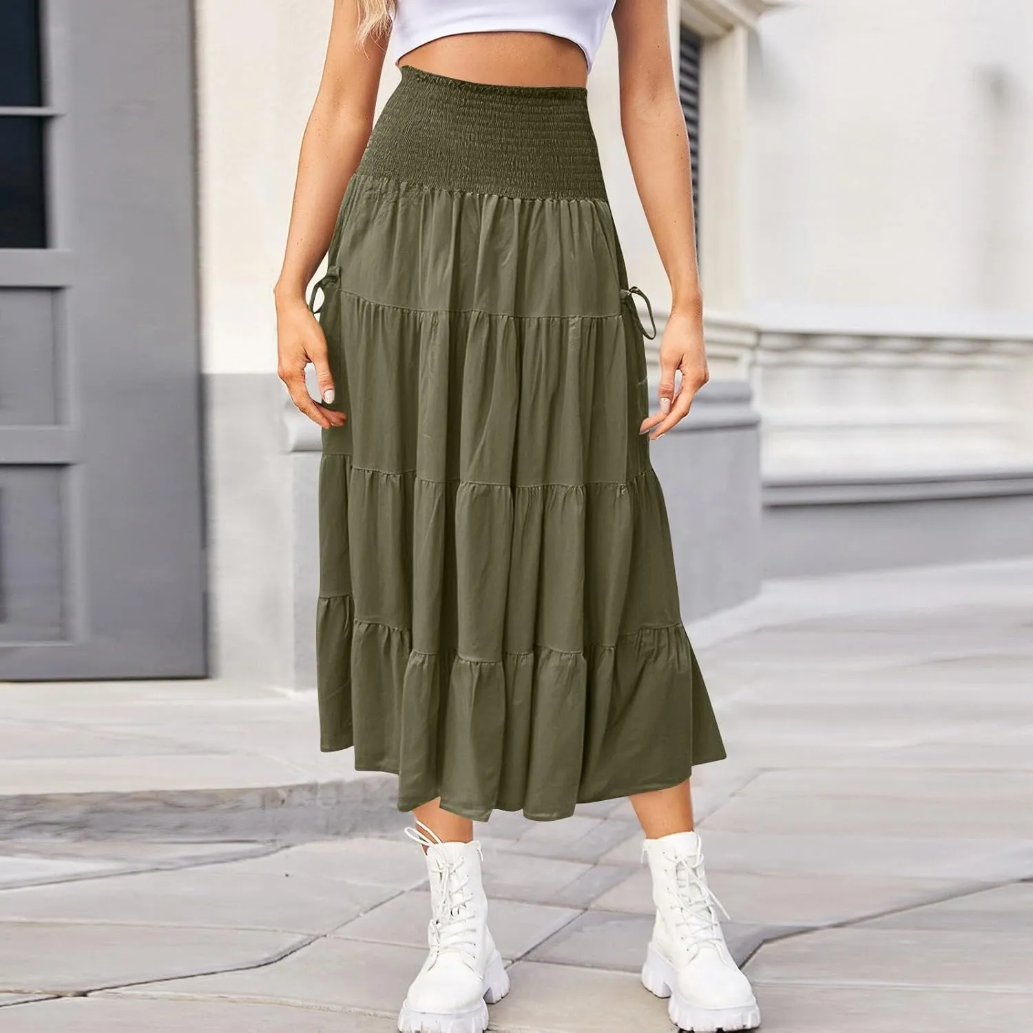 Womens Long Maxi Skirt Smocked Elastic Waist Pleated Tiered A Line Skirt Solid Beach Vacation Skirts with Pockets