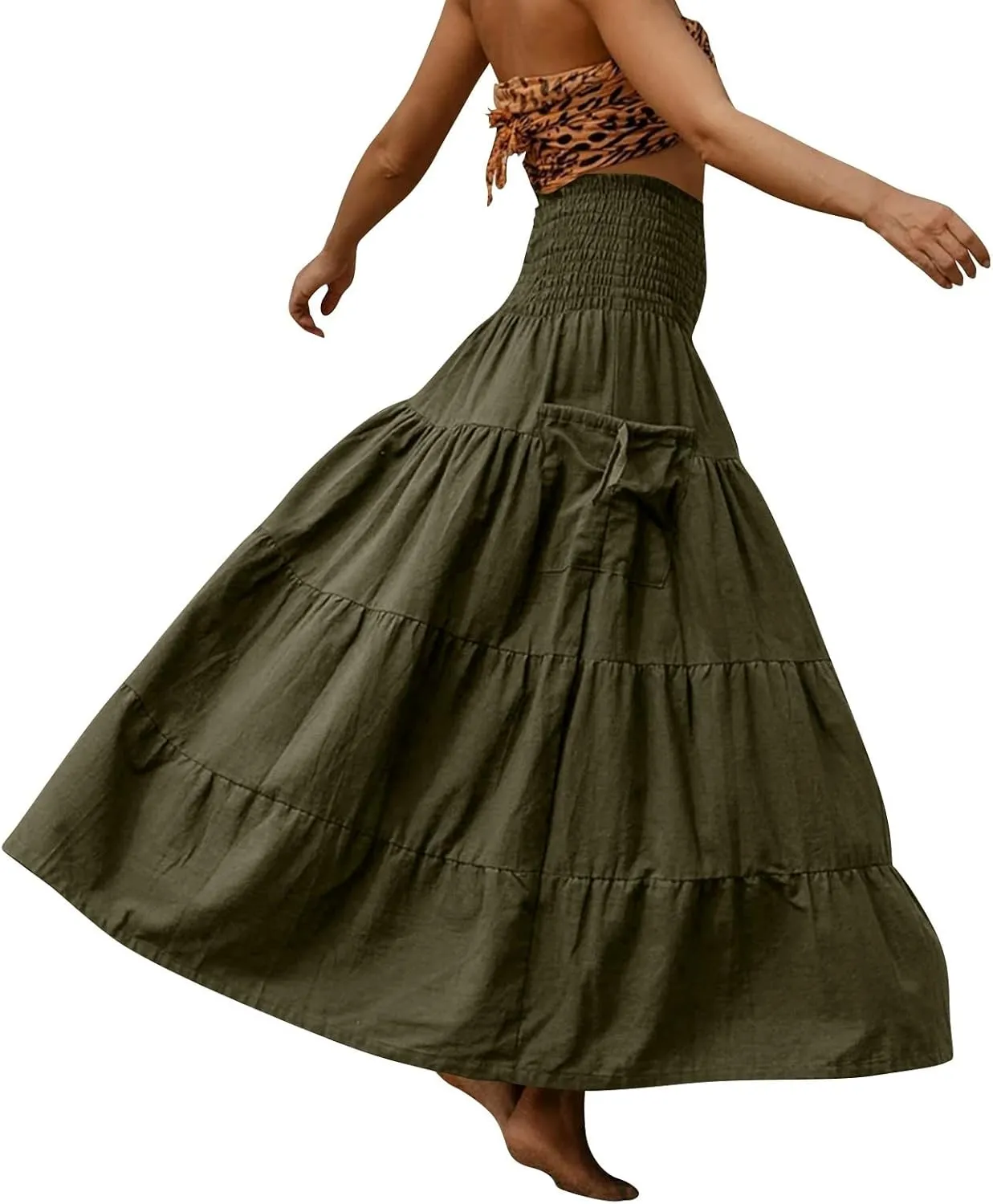 Womens Long Maxi Skirt Smocked Elastic Waist Pleated Tiered A Line Skirt Solid Beach Vacation Skirts with Pockets