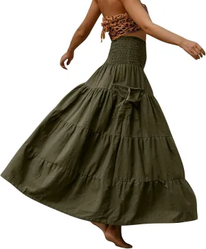 Womens Long Maxi Skirt Smocked Elastic Waist Pleated Tiered A Line Skirt Solid Beach Vacation Skirts with Pockets