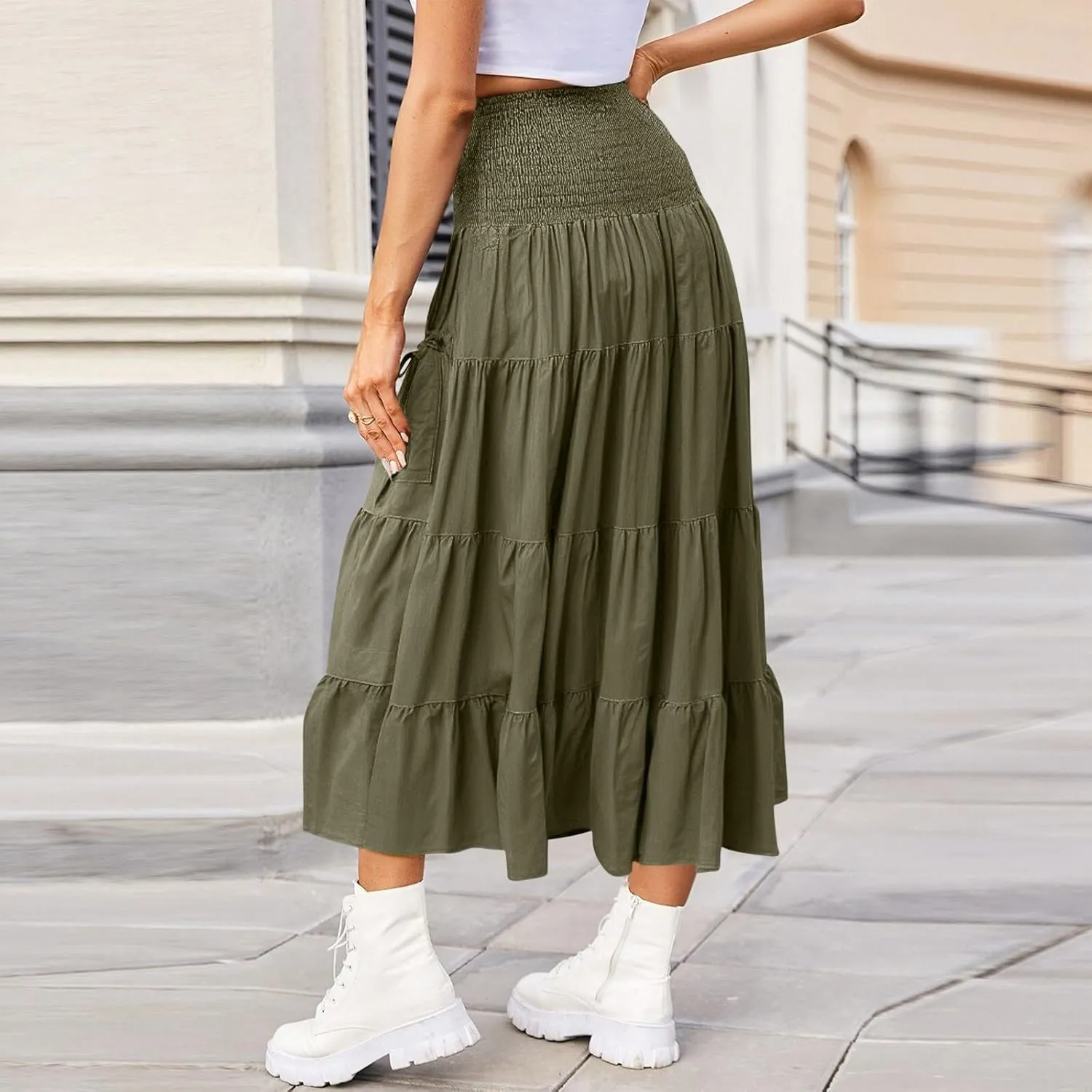 Womens Long Maxi Skirt Smocked Elastic Waist Pleated Tiered A Line Skirt Solid Beach Vacation Skirts with Pockets