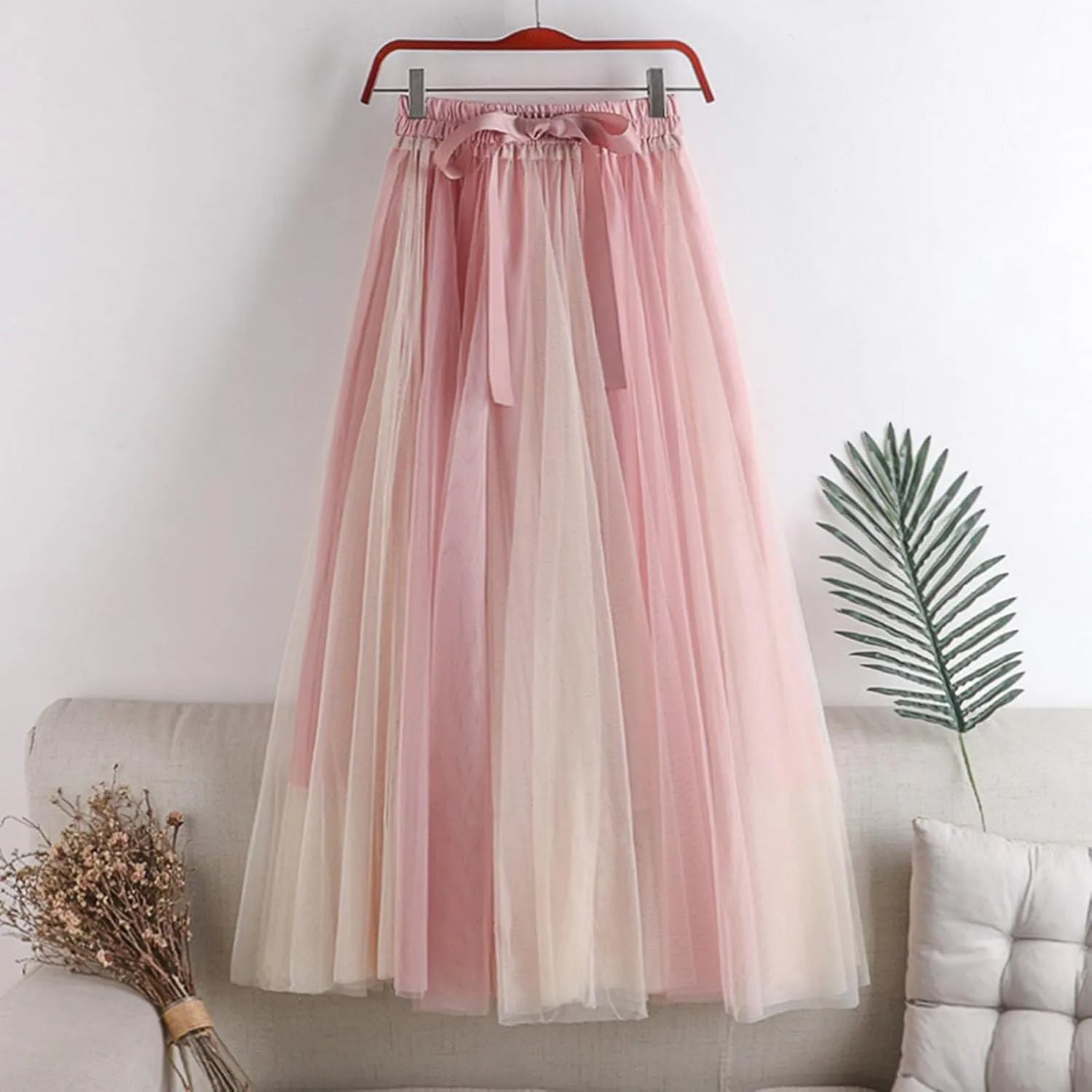 Women's Long Rainbow A Line Tulle Skirts High Waisted Pleated Flowy Fairy Skirt A Line Bridesmaid Wedding Midi Skirt