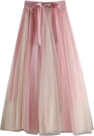 Women's Long Rainbow A Line Tulle Skirts High Waisted Pleated Flowy Fairy Skirt A Line Bridesmaid Wedding Midi Skirt