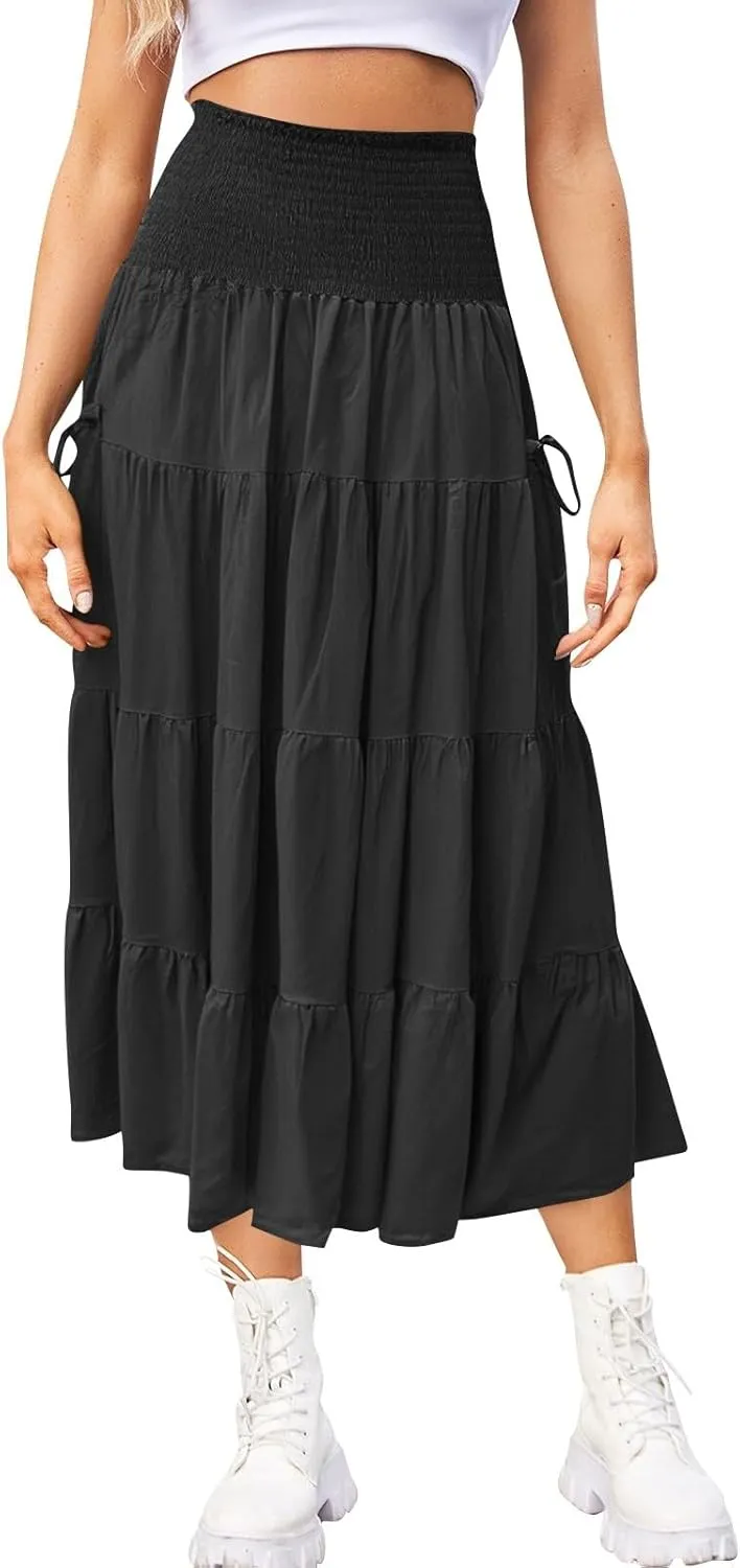 Women's Maxi Boho Skirt Long Hippie Bohemian Elastic Waist Gypsy Skirt Summer Flowy Pleated Tiered A Line Skirts