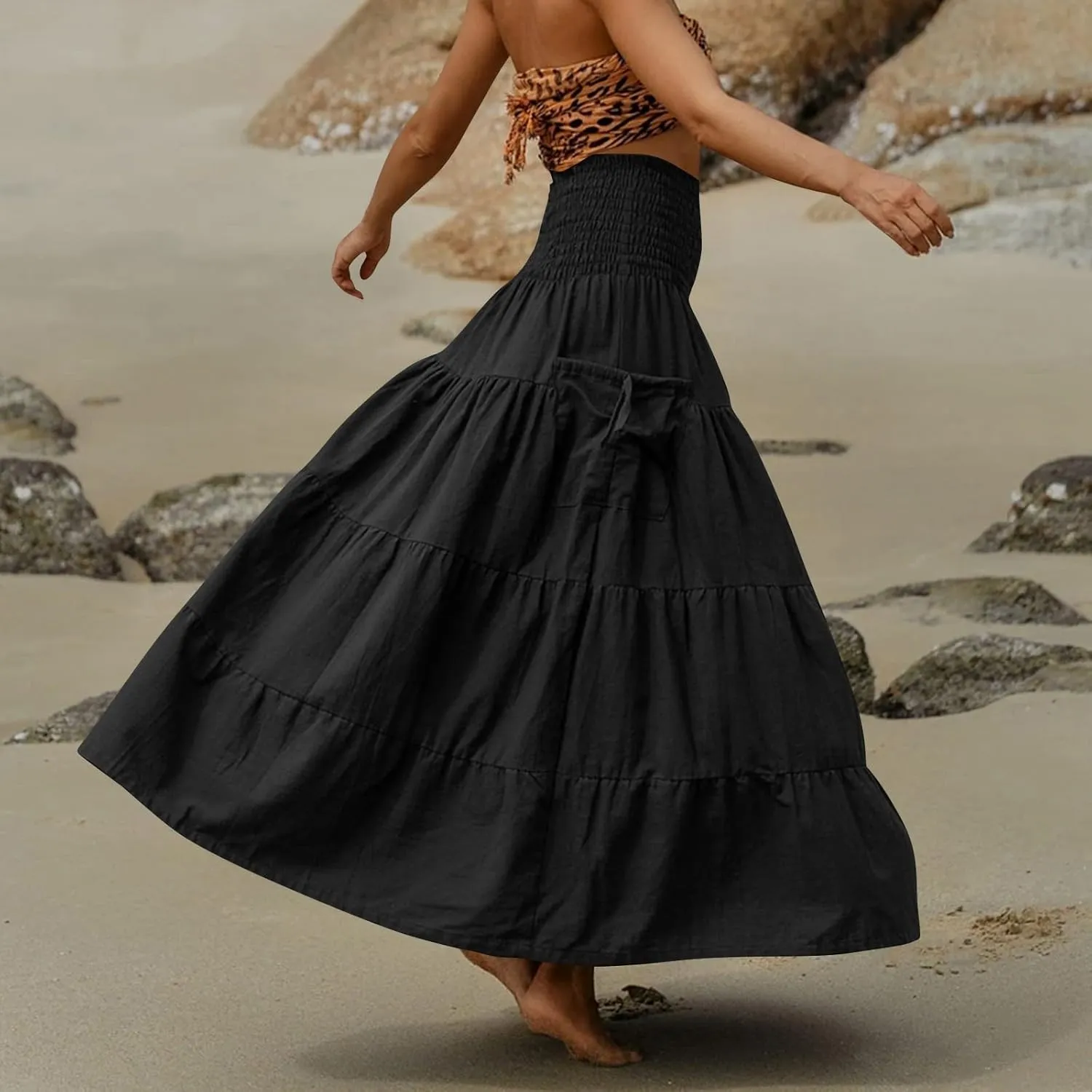 Women's Maxi Boho Skirt Long Hippie Bohemian Elastic Waist Gypsy Skirt Summer Flowy Pleated Tiered A Line Skirts