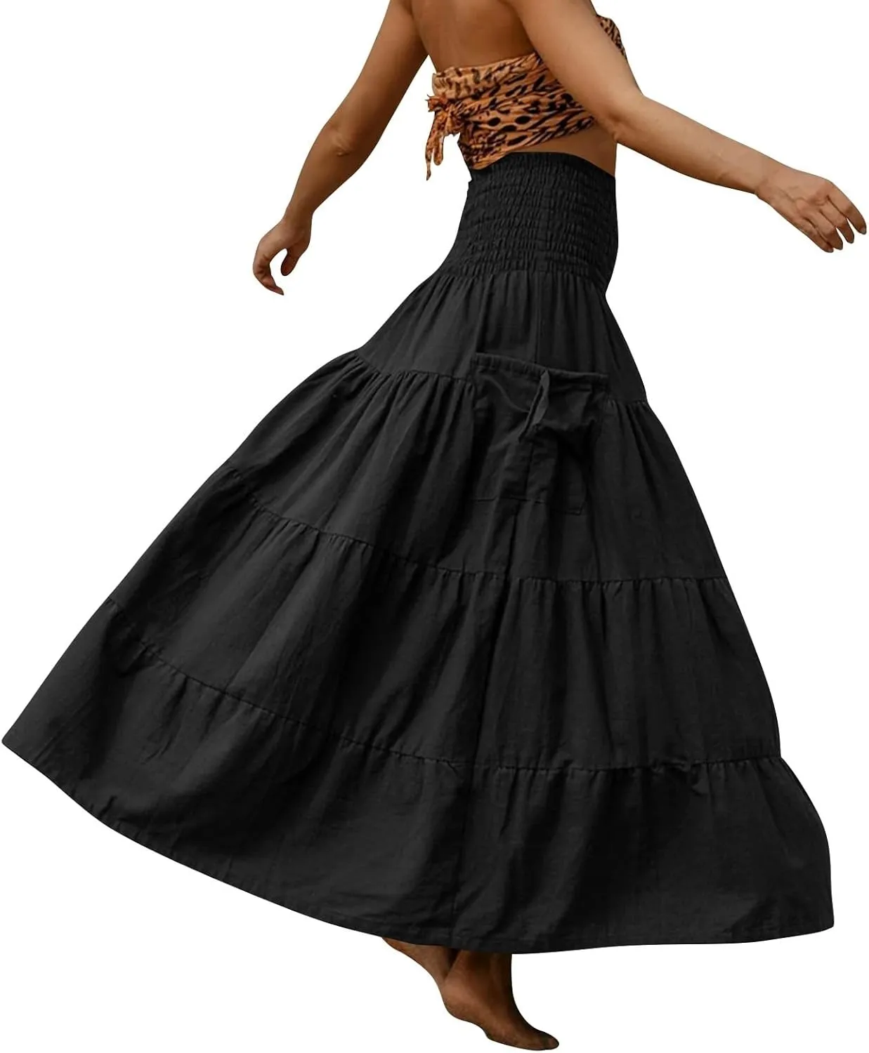 Women's Maxi Boho Skirt Long Hippie Bohemian Elastic Waist Gypsy Skirt Summer Flowy Pleated Tiered A Line Skirts