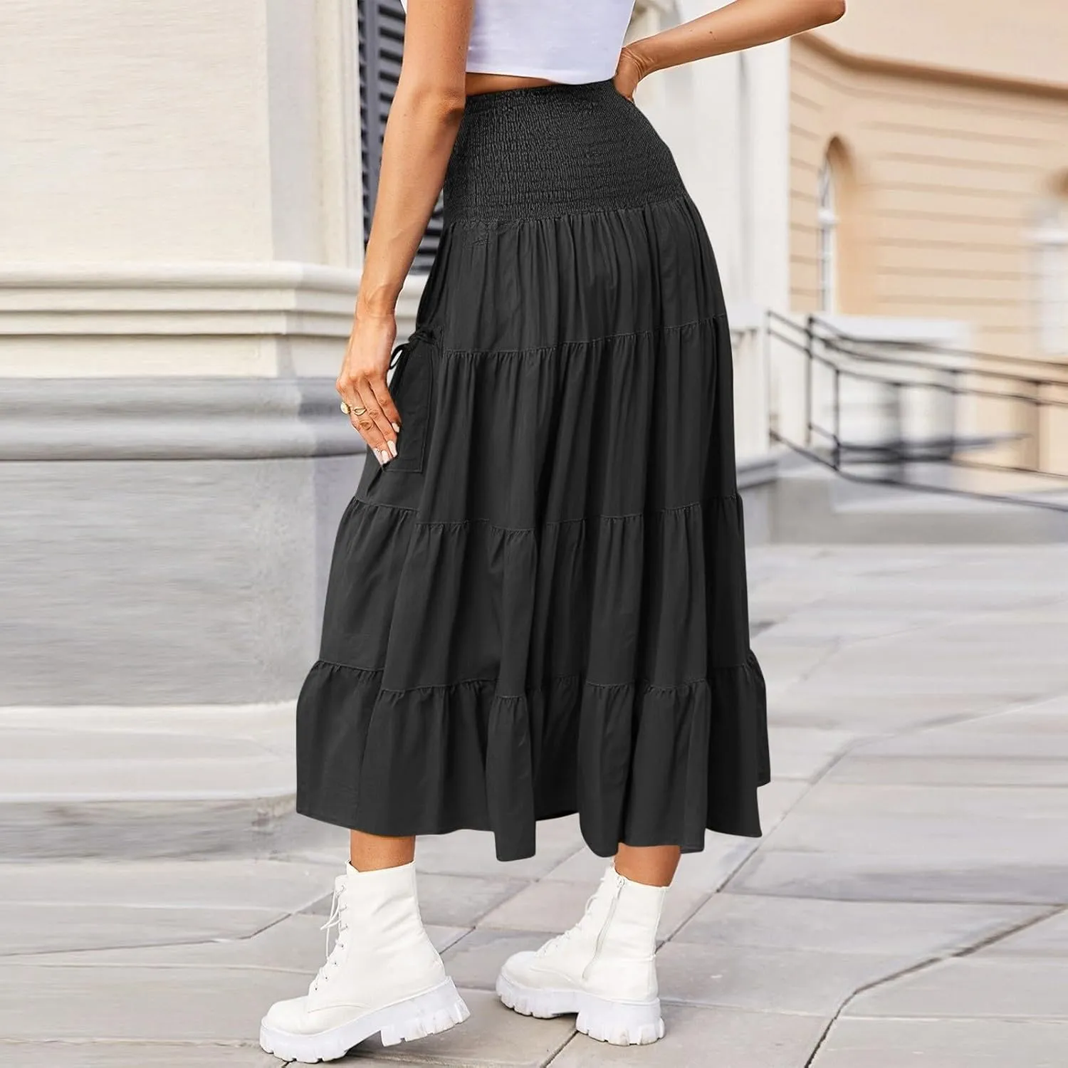 Women's Maxi Boho Skirt Long Hippie Bohemian Elastic Waist Gypsy Skirt Summer Flowy Pleated Tiered A Line Skirts