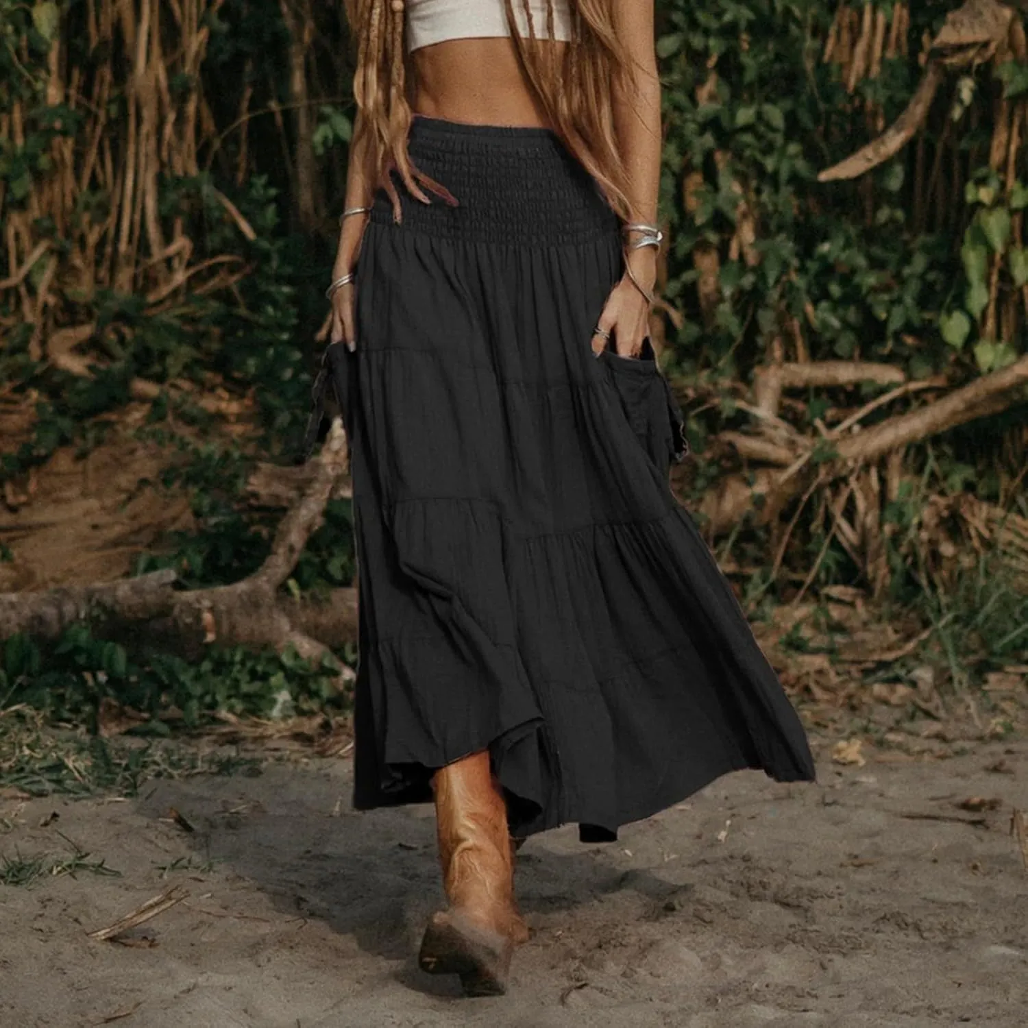 Women's Maxi Boho Skirt Long Hippie Bohemian Elastic Waist Gypsy Skirt Summer Flowy Pleated Tiered A Line Skirts