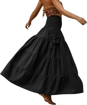 Women's Maxi Boho Skirt Long Hippie Bohemian Elastic Waist Gypsy Skirt Summer Flowy Pleated Tiered A Line Skirts