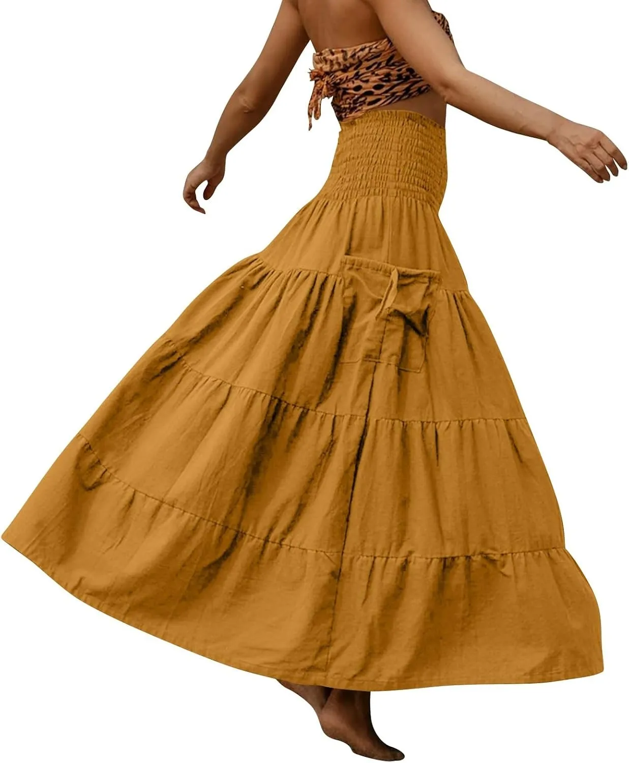 Women's Maxi Boho Skirt Long Pockets Hippie Bohemian Elastic Waist Gypsy Skirt Summer Flowy Pleated Tiered A Line Skirts