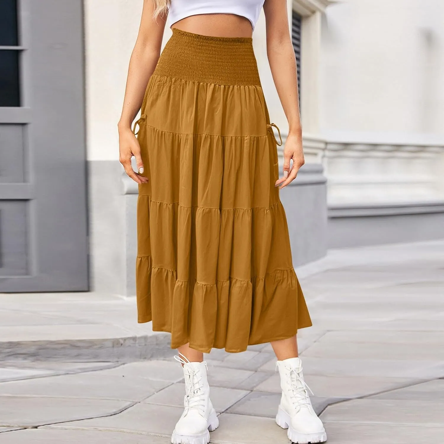 Women's Maxi Boho Skirt Long Pockets Hippie Bohemian Elastic Waist Gypsy Skirt Summer Flowy Pleated Tiered A Line Skirts