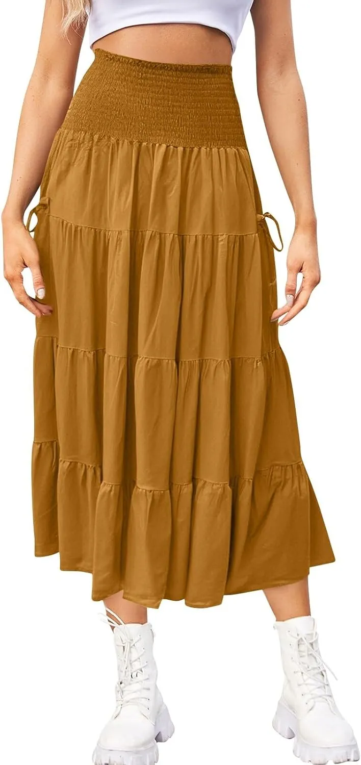 Women's Maxi Boho Skirt Long Pockets Hippie Bohemian Elastic Waist Gypsy Skirt Summer Flowy Pleated Tiered A Line Skirts