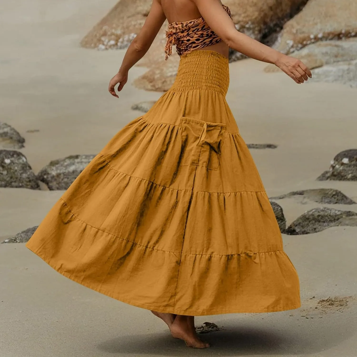Women's Maxi Boho Skirt Long Pockets Hippie Bohemian Elastic Waist Gypsy Skirt Summer Flowy Pleated Tiered A Line Skirts