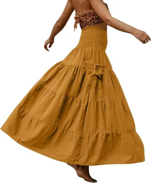 Women's Maxi Boho Skirt Long Pockets Hippie Bohemian Elastic Waist Gypsy Skirt Summer Flowy Pleated Tiered A Line Skirts
