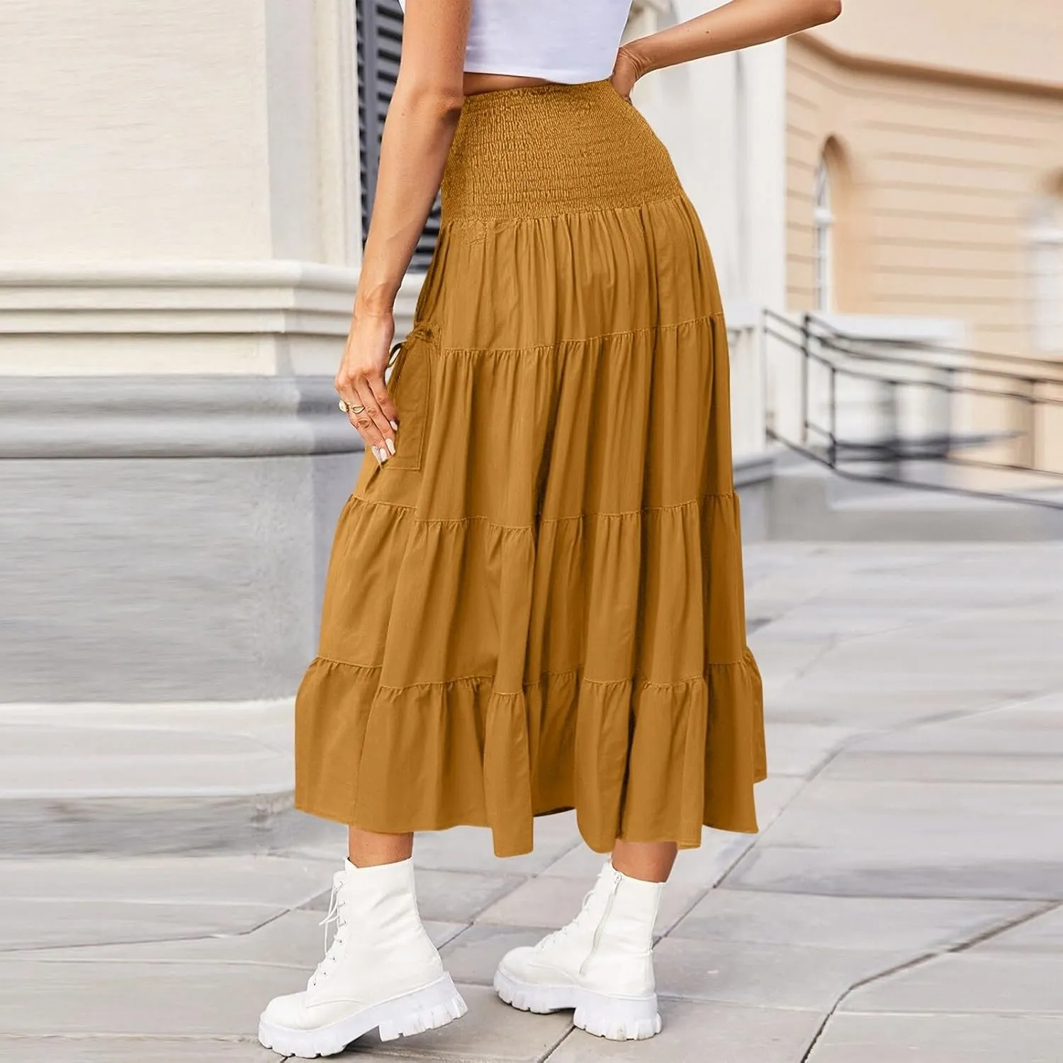 Women's Maxi Boho Skirt Long Pockets Hippie Bohemian Elastic Waist Gypsy Skirt Summer Flowy Pleated Tiered A Line Skirts