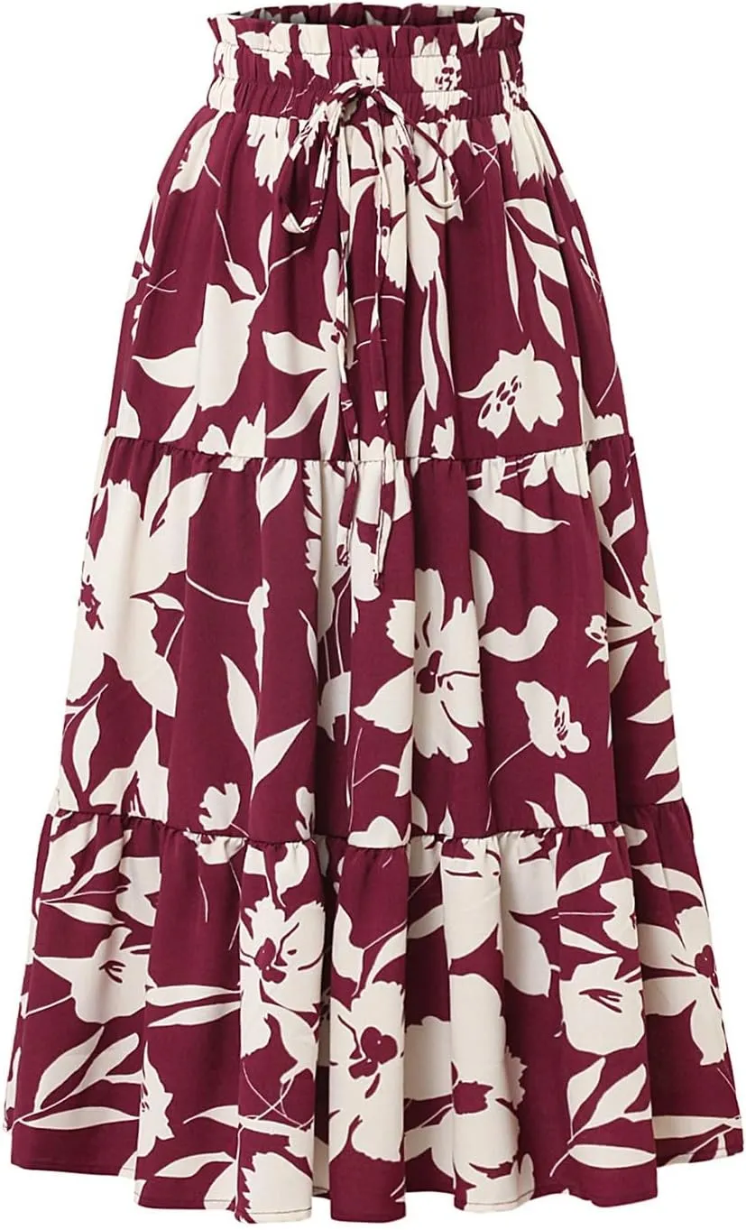 Women's Maxi Skirt 2025 Casual Loose Trendy Elastic Waist Floral Print Bohemian Sun A-Line Beach Skirts, S-XL