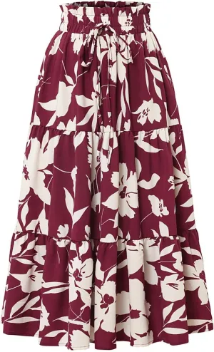 Women's Maxi Skirt 2025 Casual Loose Trendy Elastic Waist Floral Print Bohemian Sun A-Line Beach Skirts, S-XL