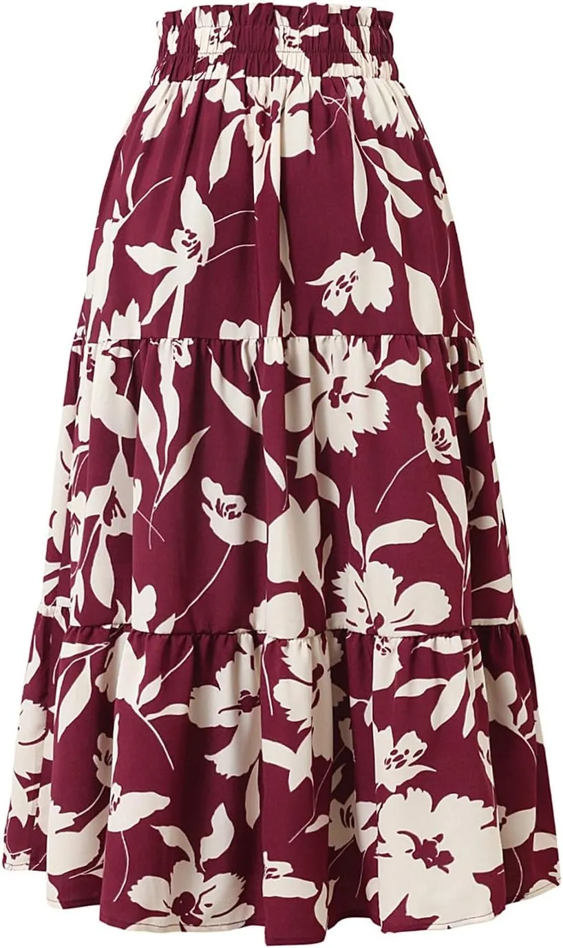 Women's Maxi Skirt 2025 Casual Loose Trendy Elastic Waist Floral Print Bohemian Sun A-Line Beach Skirts, S-XL
