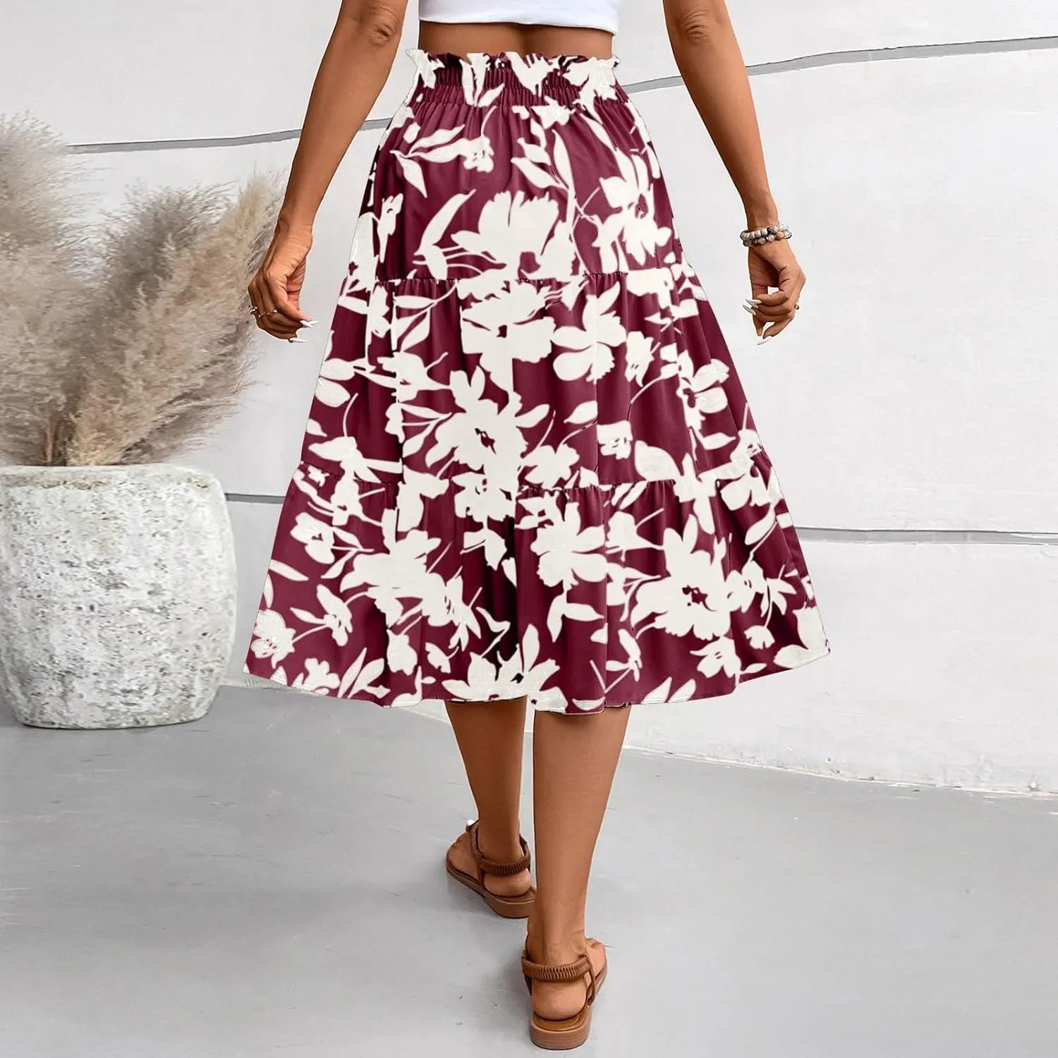 Women's Maxi Skirt 2025 Casual Loose Trendy Elastic Waist Floral Print Bohemian Sun A-Line Beach Skirts, S-XL
