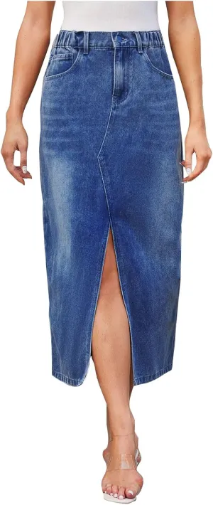 Womens Midi Length Jean Skirt Front Slit Thigh Denim Skirt Elastic High Waist Casual Summer A-line Skirt with Pocket