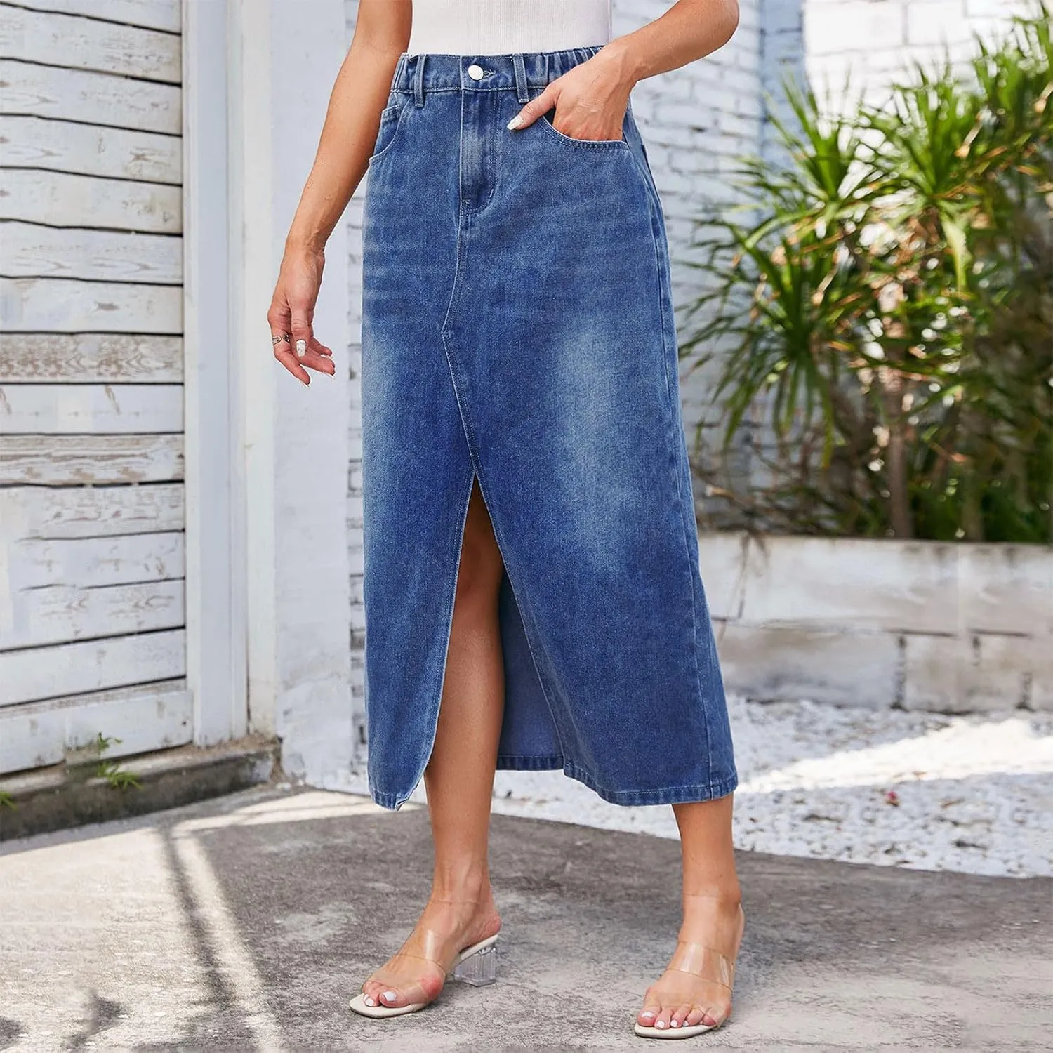 Womens Midi Length Jean Skirt Front Slit Thigh Denim Skirt Elastic High Waist Casual Summer A-line Skirt with Pocket