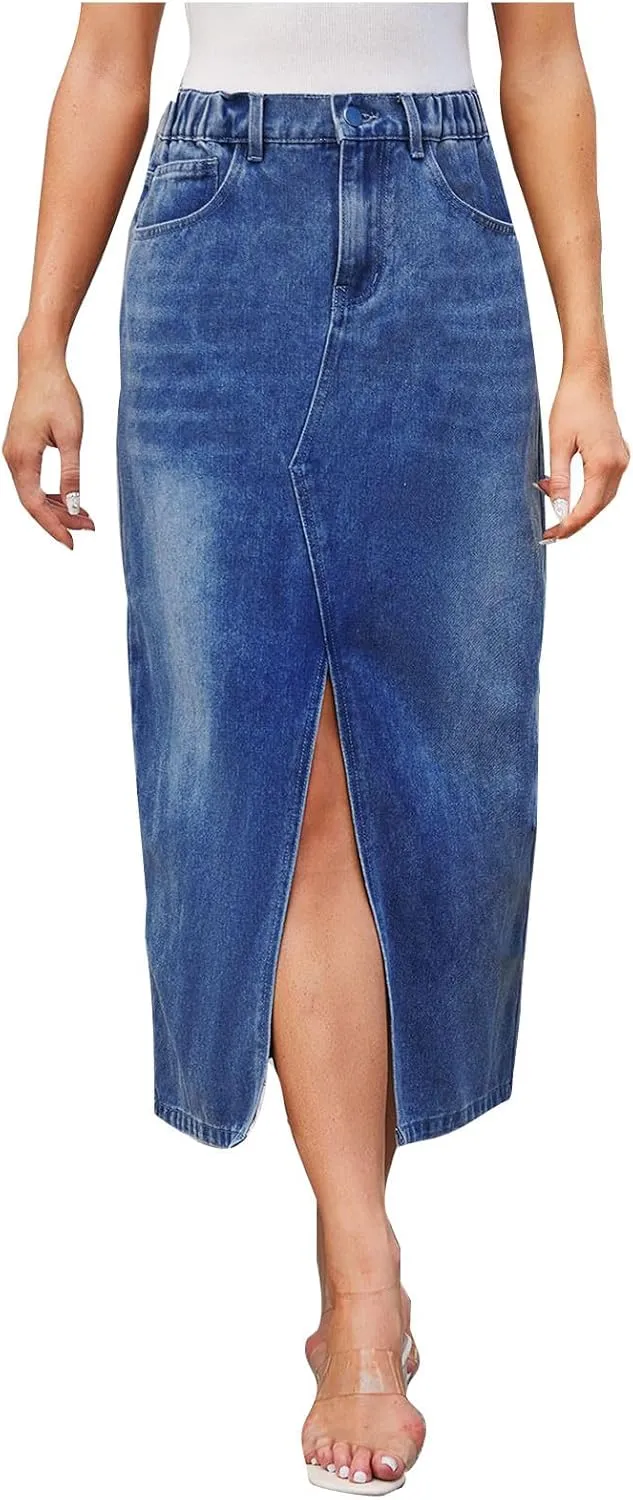 Womens Midi Length Jean Skirt Front Slit Thigh Denim Skirt Elastic High Waist Casual Summer A-line Skirt with Pocket
