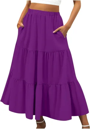 Womens Midi Skirts Summer Casual Flowy A-Line Elastic High Waist Tiered Ruffle Pleated Swing Boho Long Skirt Dress