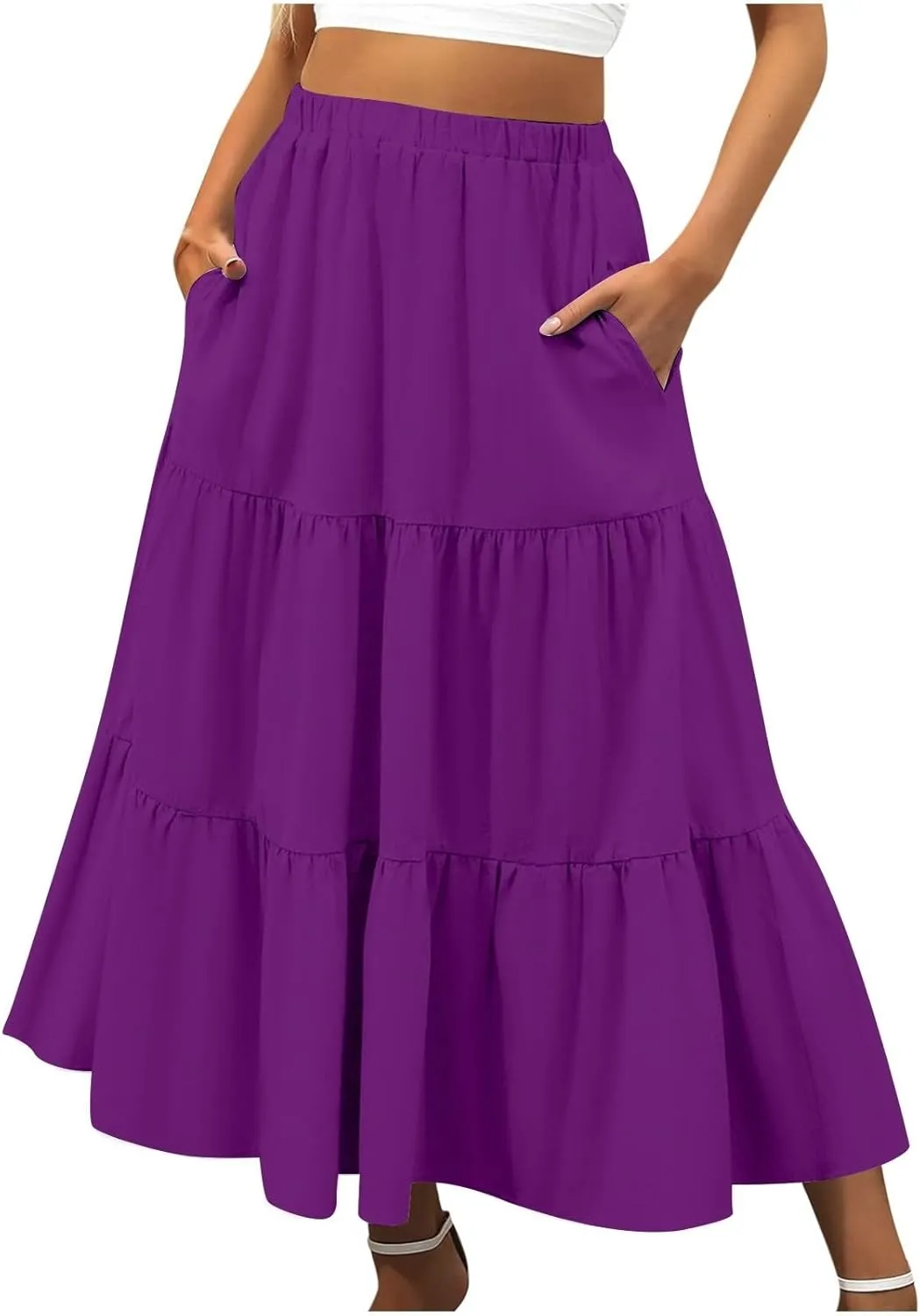 Womens Midi Skirts Summer Casual Flowy A-Line Elastic High Waist Tiered Ruffle Pleated Swing Boho Long Skirt Dress