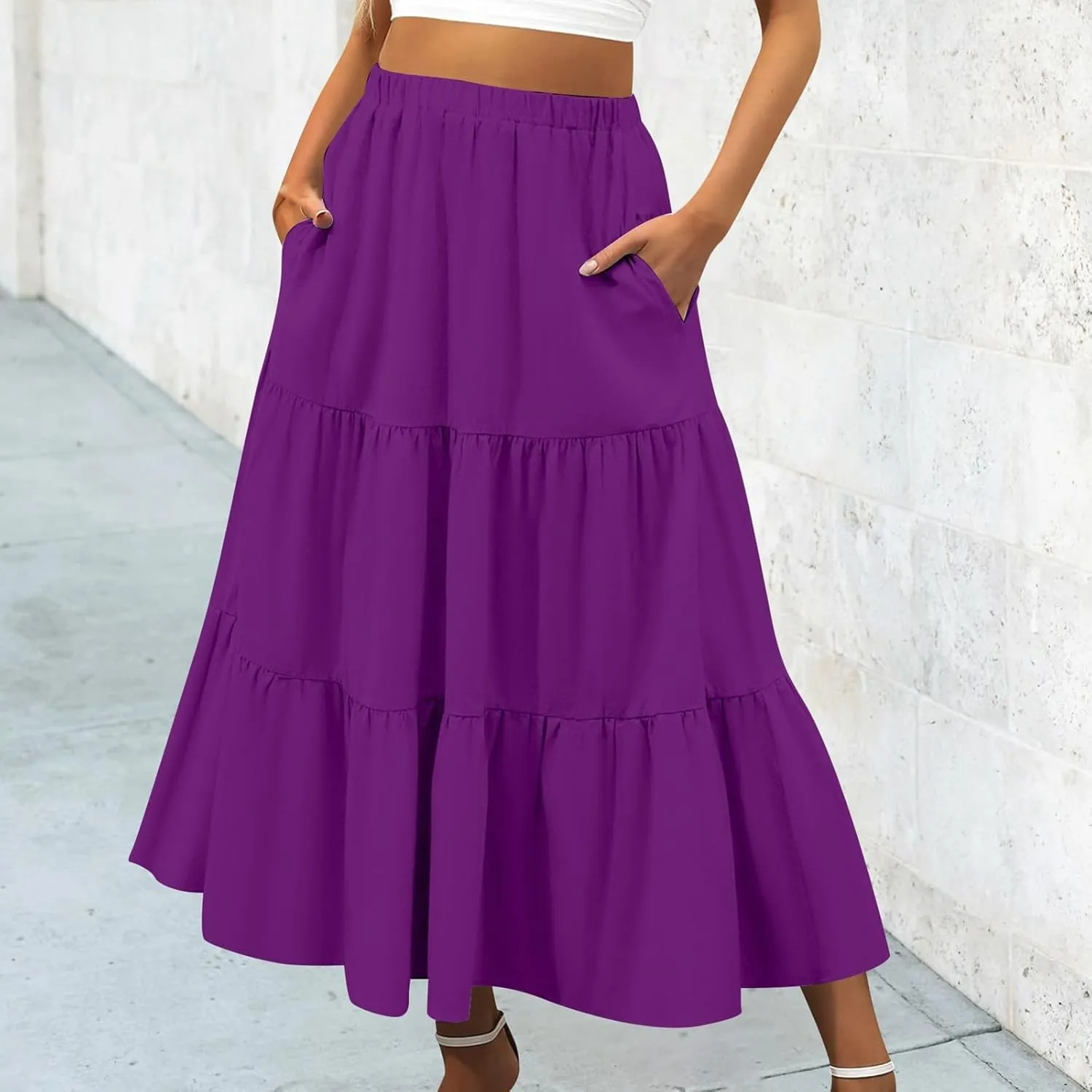 Womens Midi Skirts Summer Casual Flowy A-Line Elastic High Waist Tiered Ruffle Pleated Swing Boho Long Skirt Dress