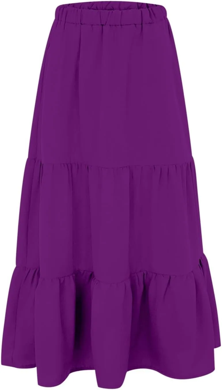 Womens Midi Skirts Summer Casual Flowy A-Line Elastic High Waist Tiered Ruffle Pleated Swing Boho Long Skirt Dress
