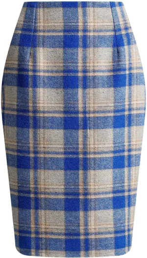 Women's Midi Wool Pencil Skirt Knee Length Elastic Waist Skirt Plaid Work Business Mini Skirts with Slit Zipper