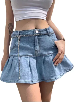 Womens Mini Denim Skirts Casual Stretch Slim Zipper Jean Skirt High Waisted Pleated Skirt Streetwear Skirt with Pocket