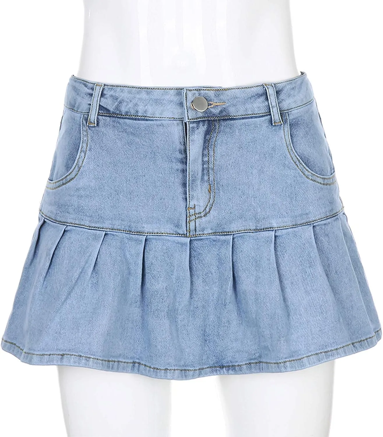 Womens Mini Denim Skirts Casual Stretch Slim Zipper Jean Skirt High Waisted Pleated Skirt Streetwear Skirt with Pocket