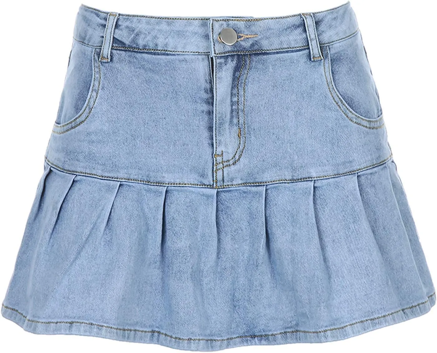 Womens Mini Denim Skirts Casual Stretch Slim Zipper Jean Skirt High Waisted Pleated Skirt Streetwear Skirt with Pocket