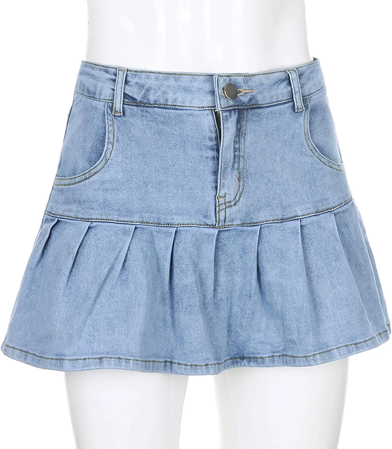 Womens Mini Denim Skirts Casual Stretch Slim Zipper Jean Skirt High Waisted Pleated Skirt Streetwear Skirt with Pocket