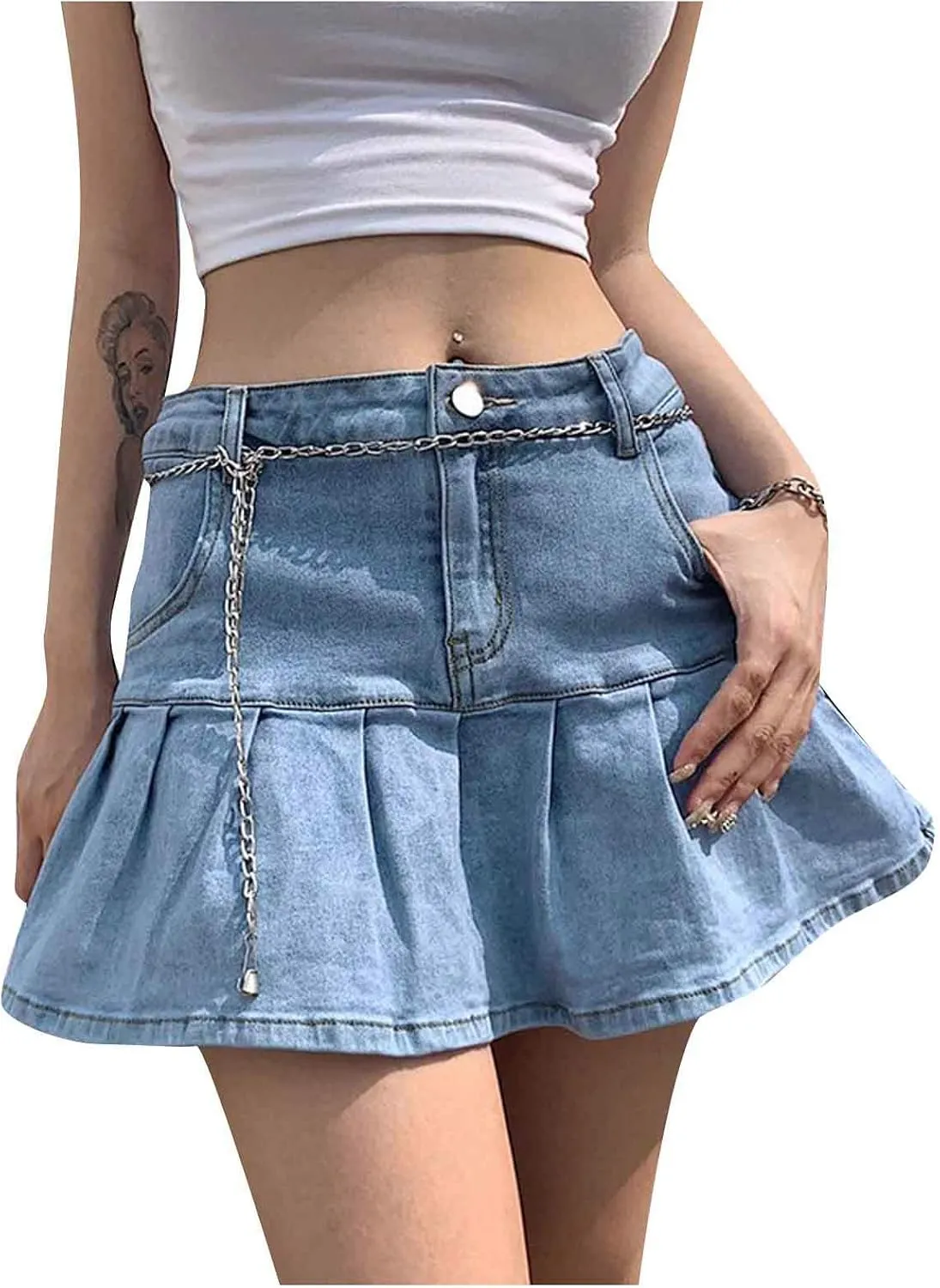Womens Mini Denim Skirts Casual Stretch Slim Zipper Jean Skirt High Waisted Pleated Skirt Streetwear Skirt with Pocket
